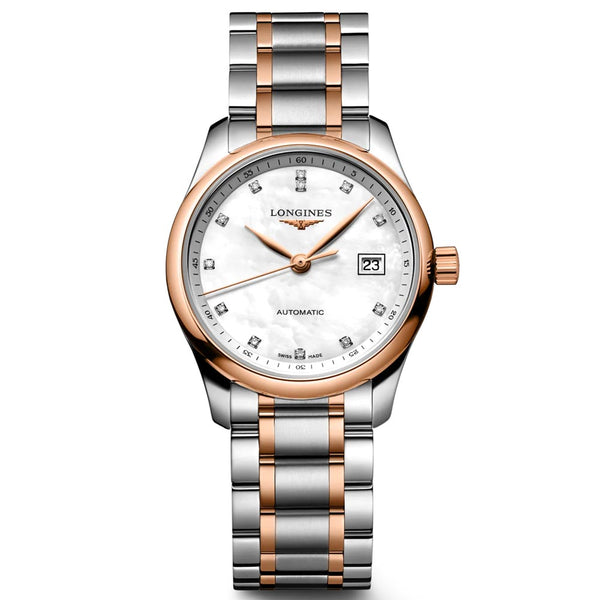 longines master collection 29mm 18ct rose gold capped steel diamond automatic ladies watch