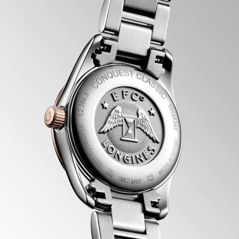 Longines Conquest Classic 29.5mm Silver Dial Rose PVD Steel Ladies Quartz Watch L2.286.3.72.7