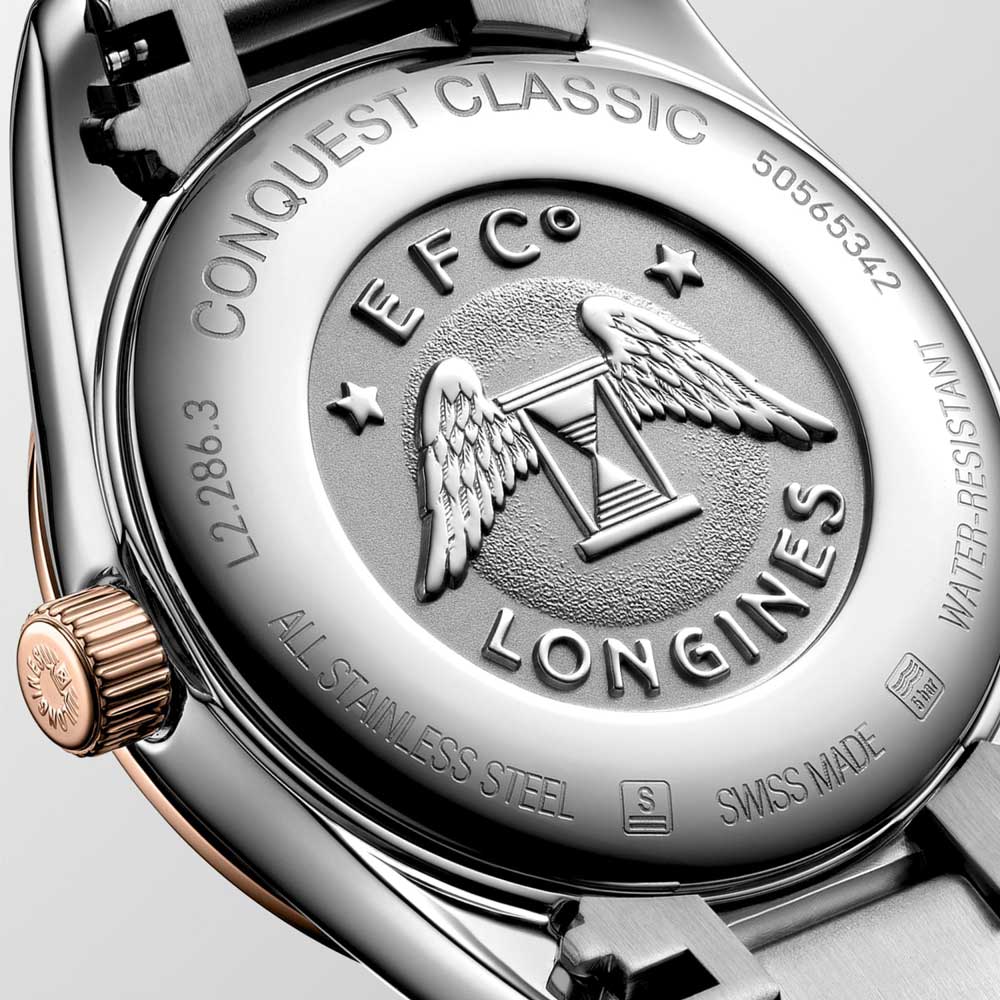 longines conquest classic mop diamond dot dial rose pvd steel ladies quartz watch case back view