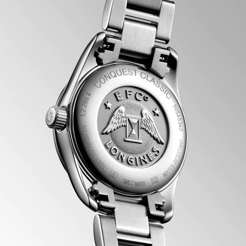longines conquest classic 29.5mm mop diamond dot dial ladies quartz watch case back view