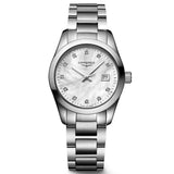 longines conquest classic 29.5mm mop diamond dot dial ladies quartz watch