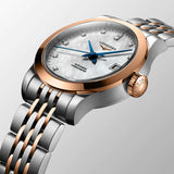 longines ladies record collection 18ct rose gold capped stainless steel diamond watch lug view