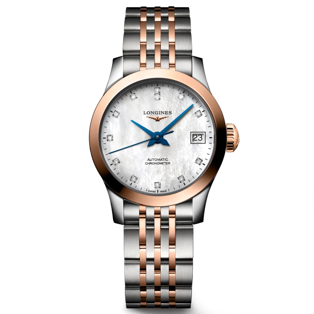 Longines Record Collection 26mm MOP Diamond Dot Dial 18ct Rose Gold Capped Steel Automatic Ladies Watch L2.320.5.87.7