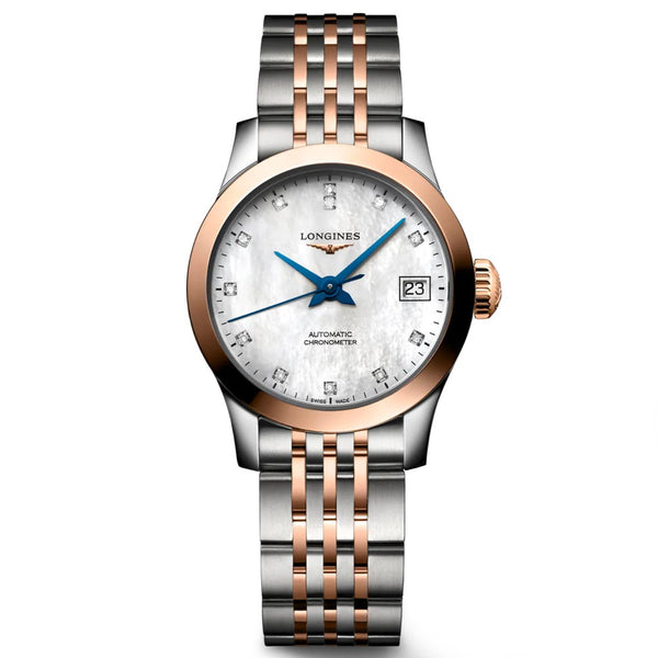 longines ladies record collection 18ct rose gold capped stainless steel diamond watch
