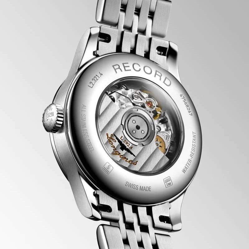 longines record collection 30mm white dial automatic ladies watch case back view