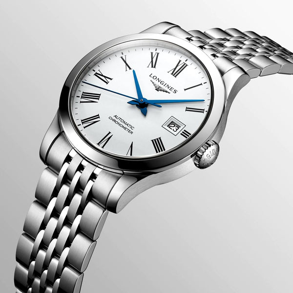 longines record collection 30mm white dial automatic ladies watch dial close up