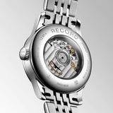 longines record collection 30mm white dial automatic ladies watch case back view