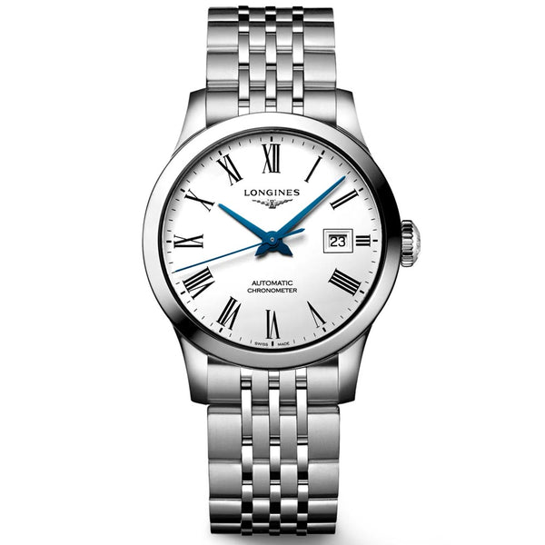 longines record collection 30mm white dial automatic ladies watch
