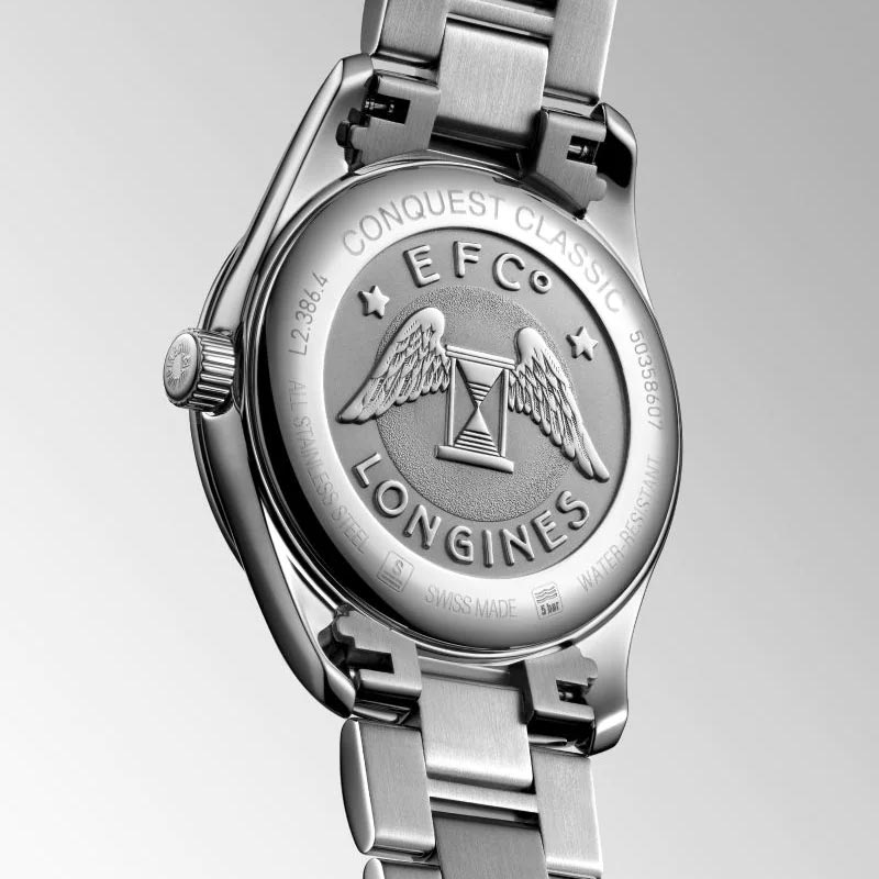 longines conquest classic 34mm silver dial ladies quartz watch case back view