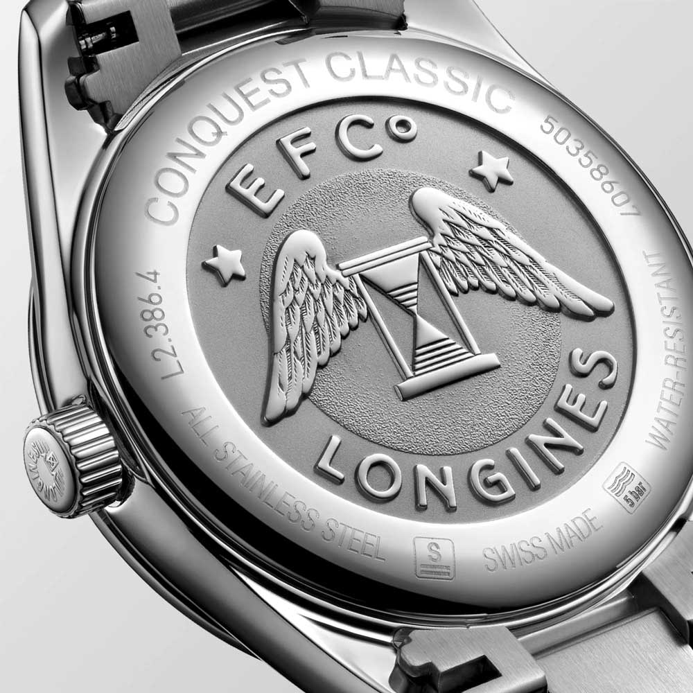 longines conquest classic 34mm black mop diamond dot dial ladies quartz watch case back view