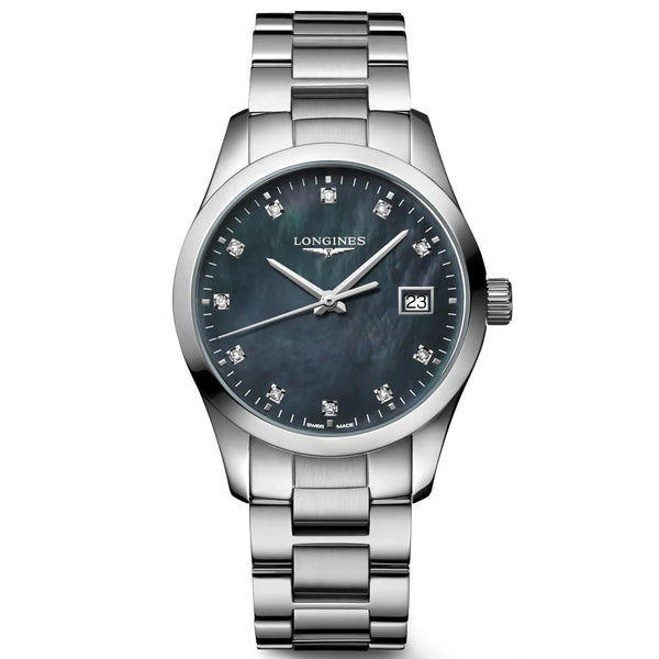 longines conquest classic 34mm black mop diamond dot dial ladies quartz watch
