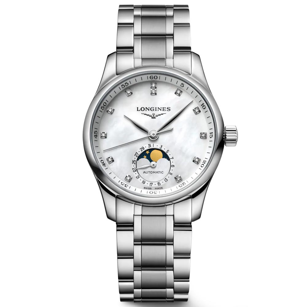 Longines Master Collection 34mm MOP Diamond Dot Dial Moonphase Automatic Ladies Watch L2.409.4.87.6