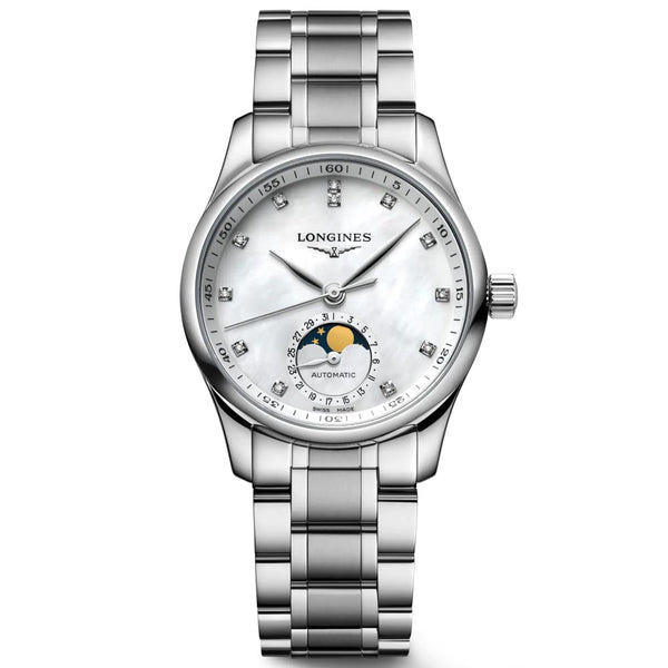 longines master collection 34mm mop dial moonphase diamond ladies watch