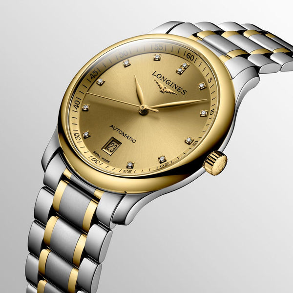 longines master collection gilt dial 18ct gold capped steel diamond automatic watch dial close up