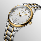 longines master collection 38.5mm silver dial 18ct gold capped steel diamond automatic watch dial close up