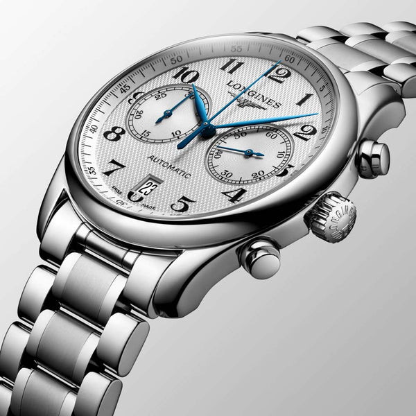 longines master collection chronograph 40mm silver dial automatic gents watch dial close up