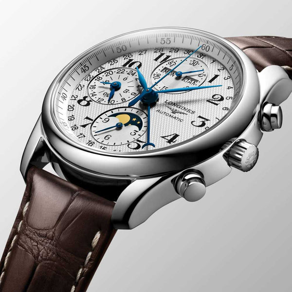 longines master collection 40mm silver dial automatic chronograph day & date moonphase gents watch dial close up