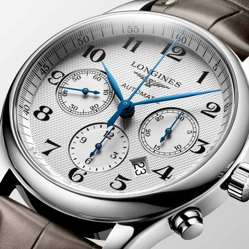 longines master collection 42mm silver dial automatic chronograph gents watch dial close up