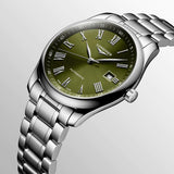 longines master collection 40mm green dial automatic gents watch dial close up