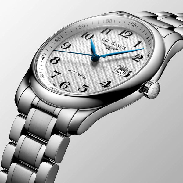 longines master collection 40mm silver dial automatic gents watch dial close up