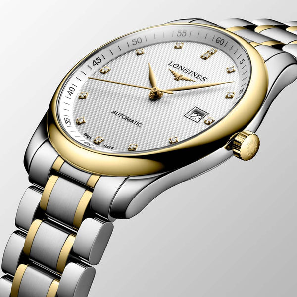 longines master collection 40mm silver dial 18ct gold capped steel diamond automatic gents watch dial close up