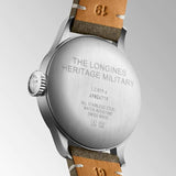 longines heritage military 38.5mm cream dial automatic gents watch case back view