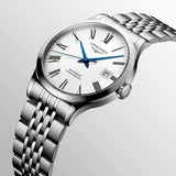 longines record collection 38.5mm white dial automatic watch dial close up