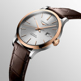 longines gents record collection 18ct rose gold capped stainless steel automatic watch lug view