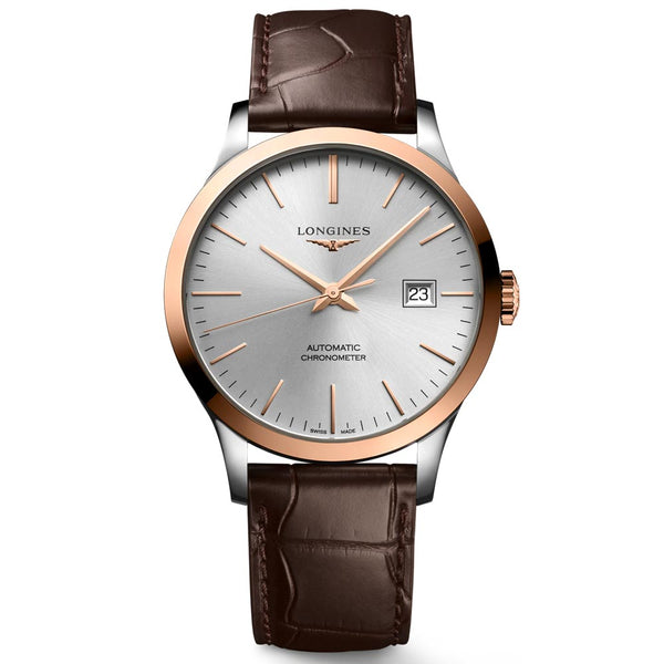 longines gents record collection 18ct rose gold capped stainless steel automatic watch
