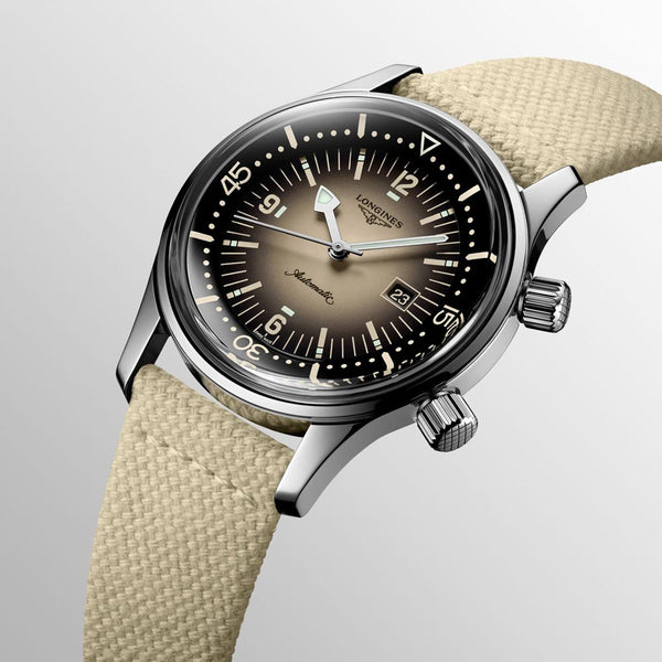 longines legend diver 36mm beige dial automatic watch dial close up