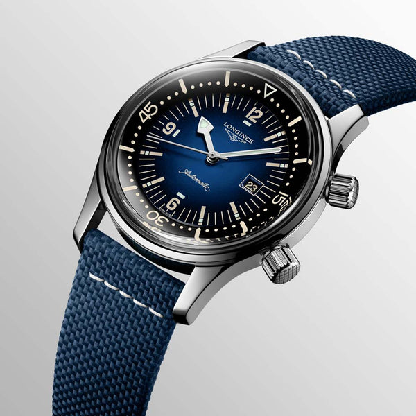 longines legend diver 36mm blue dial automatic watch dial close up
