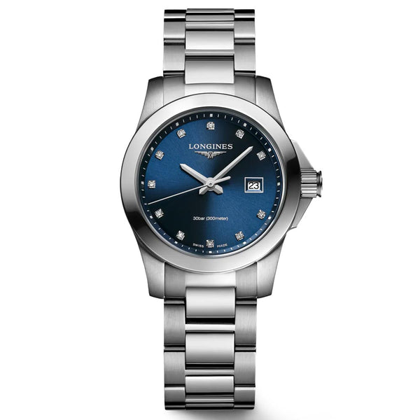 longines conquest classic 29.5mm blue diamond dot dial ladies quartz watch