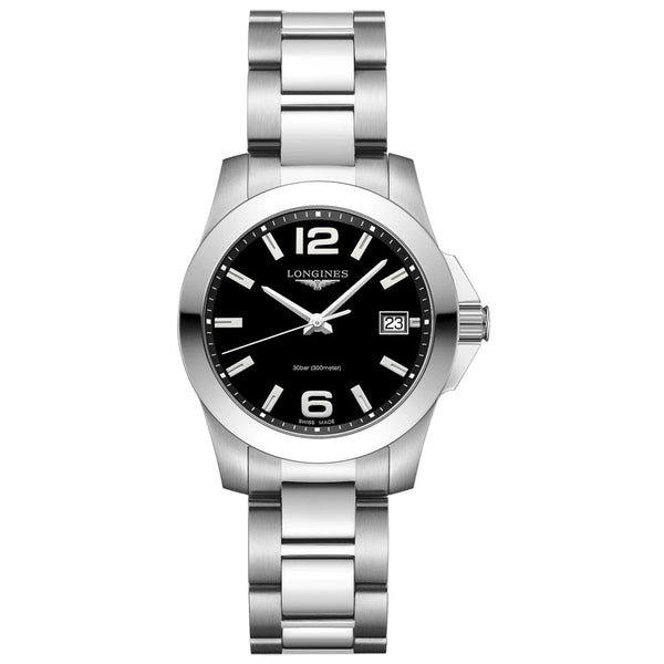 longines conquest 34mm black dial ladies quartz watch