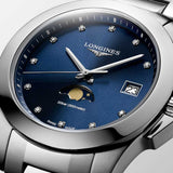 Longines Conquest 34mm Blue Dial Moonphase Diamond Ladies Watch L3.381.4.97.6