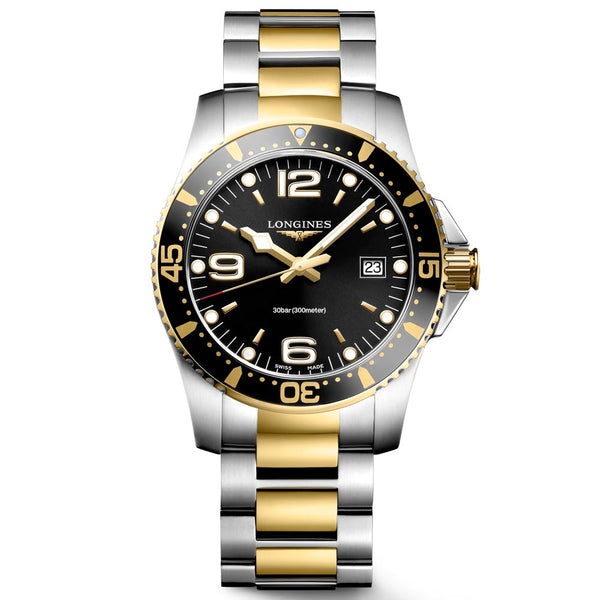 longines hydroconquest 41mm black dial yellow pvd steel quartz gents watch