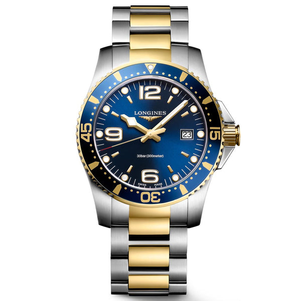 longines hydroconquest 41mm blue dial yellow pvd steel quartz gents watch