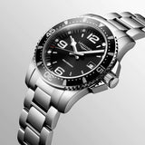 longines hydroconquest 41mm black dial gents quartz watch dial close up