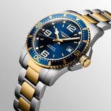 longines hydroconquest 41mm blue dial gold pvd steel automatic gents watch dial close up