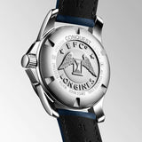 longines conquest 41mm blue dial quartz gents watch case back view