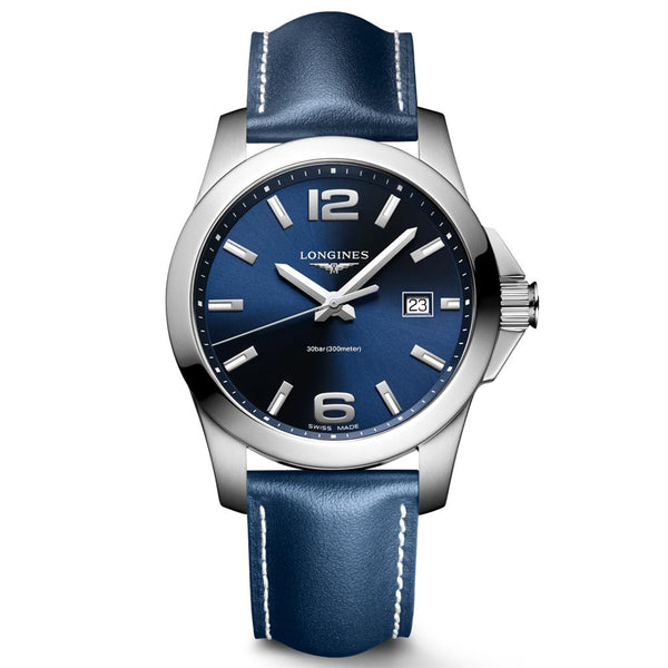 longines conquest 41mm blue dial quartz gents watch