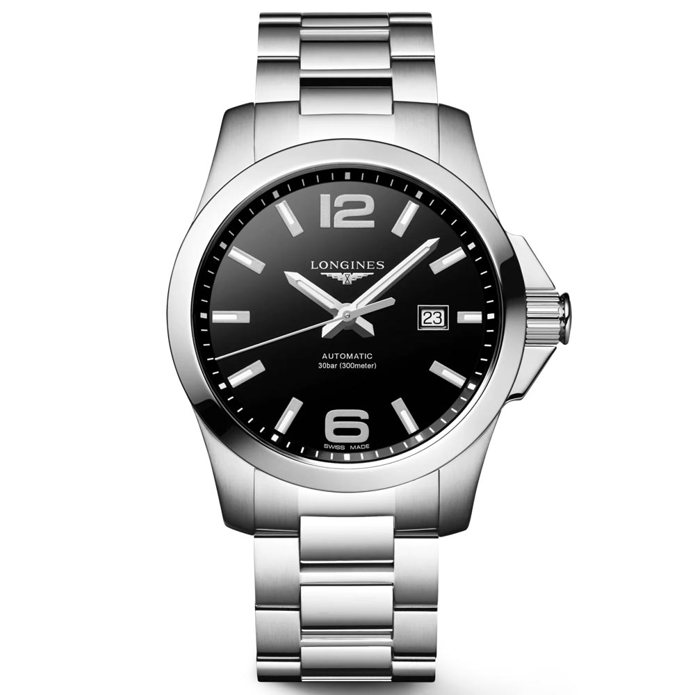 longines conquest 43mm black dial automatic gents watch