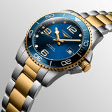 longines hydroconquest 41mm blue dial yellow pvd steel automatic gents watch dial close up