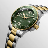longines hydroconquest 43mm green dial yellow pvd steel automatic gents watch dial close up