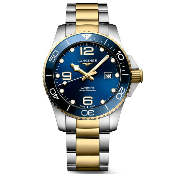 longines hydroconquest 43mm blue dial yellow pvd steel automatic gents watch