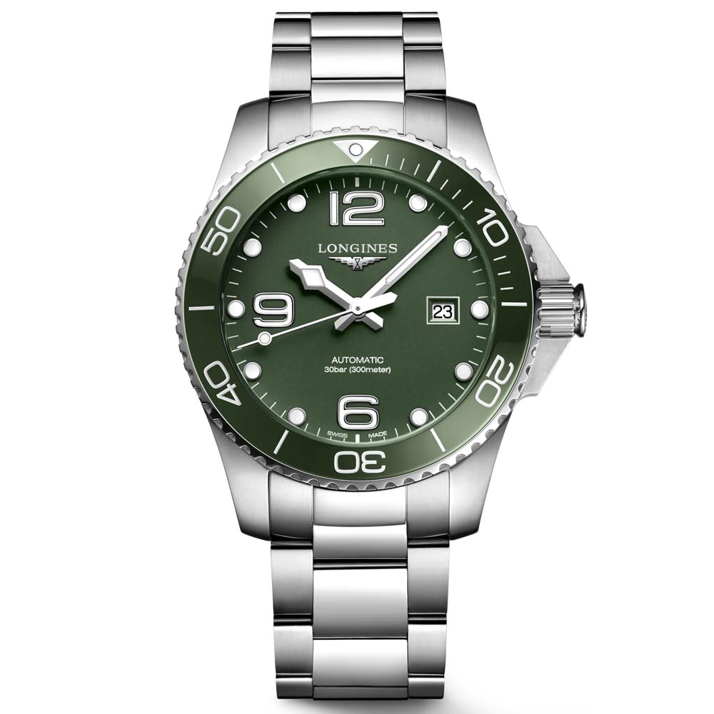 longines hydroconquest 43mm green dial steel automatic gents watch
