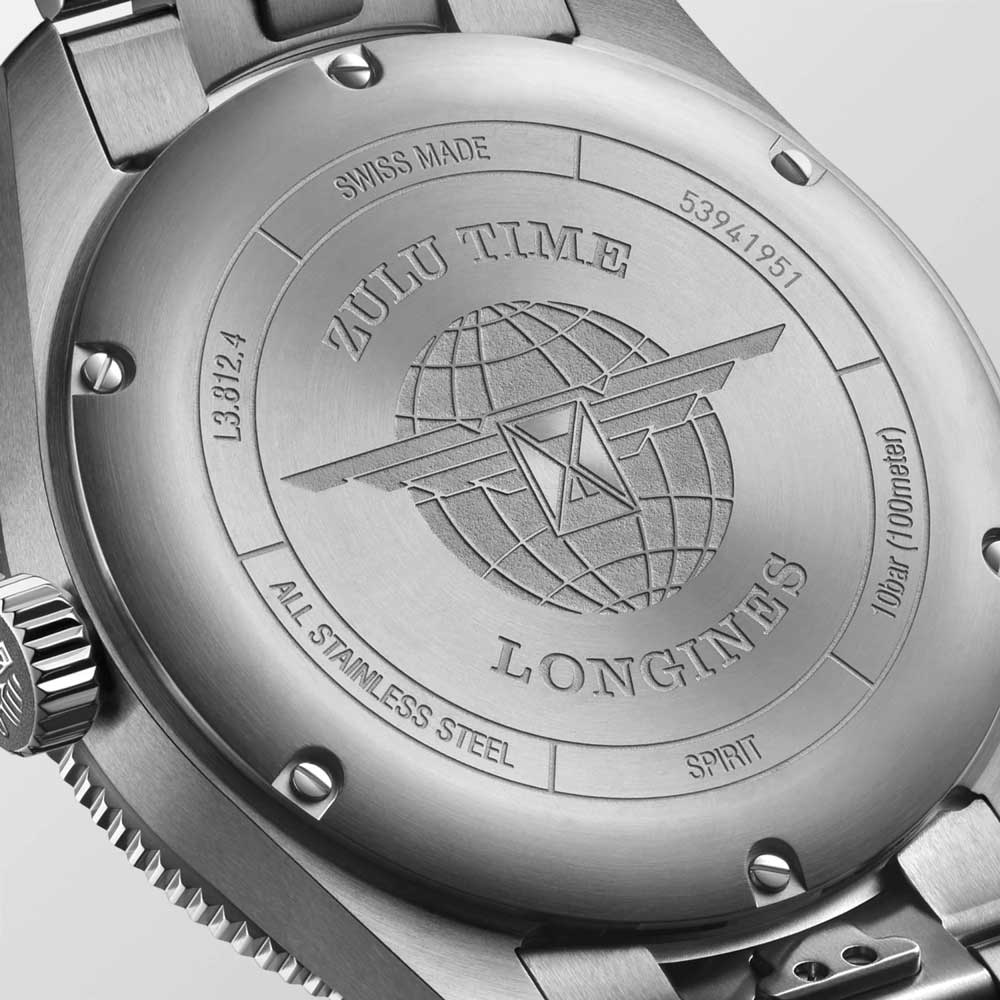 longines spirit zulu time gmt 42mm anthracite dial automatic gents watch case back view