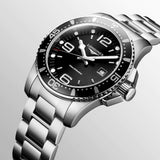 longines hydroconquest 44mm black dial gents quartz watch dial close up