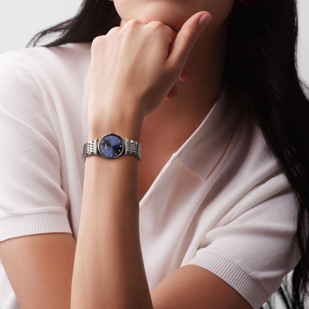 longines la grande classique 24mm blue dial diamond ladies quartz watch model shot