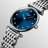 longines la grande classique 24mm blue dial diamond ladies quartz watch dial close up