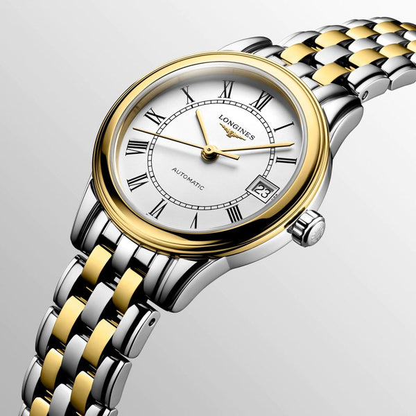 longines flagship 26mm white dial gold pvd steel automatic ladies watch dial close up